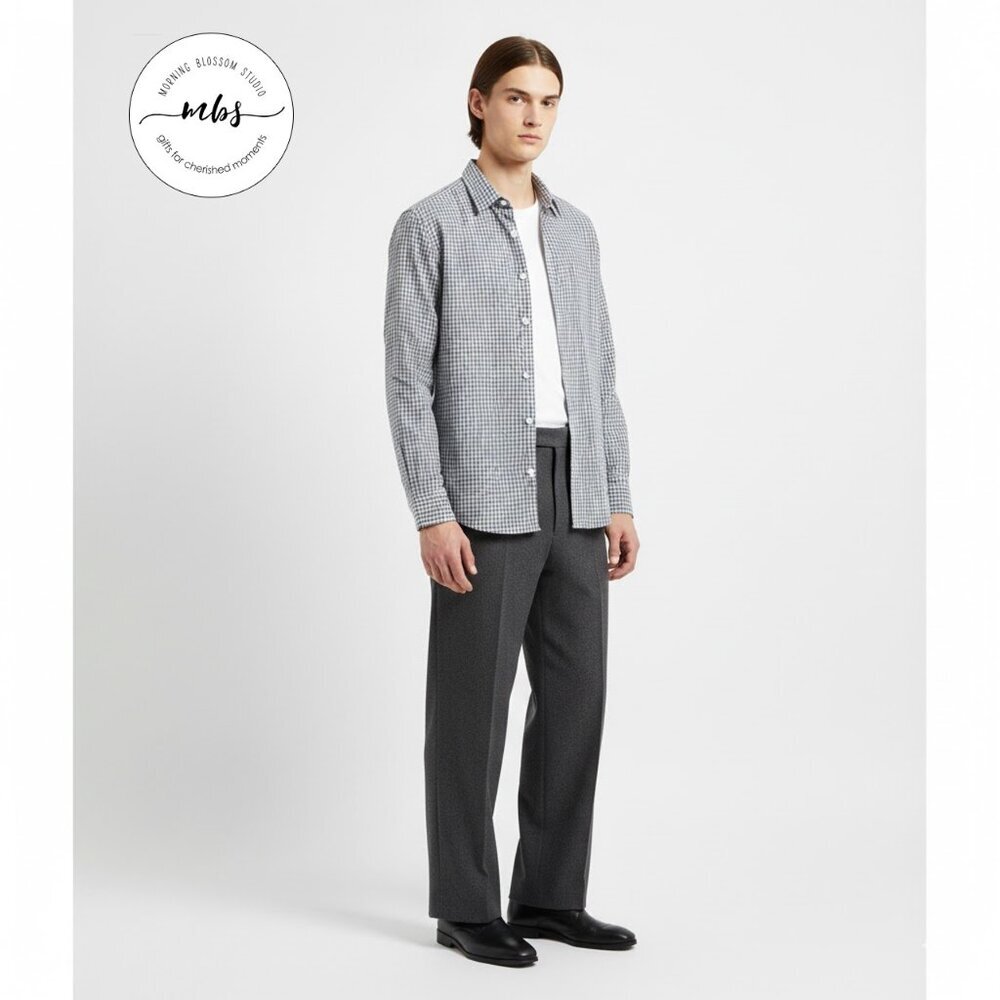 Vince Classic Fit Checker Cotton Blend Buttons Long Sleeve Shirt Blue Gray Men M